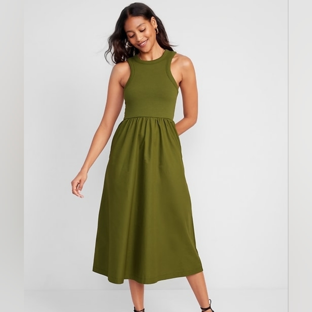 Old Navy Ribbed Knit & Cotton Skirt Fit & Flare Midi Dress Green Size XS‎